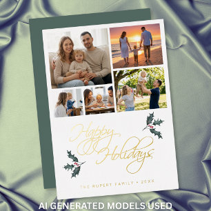 Elegant Modern Holly Photo Collage Happy Holidays