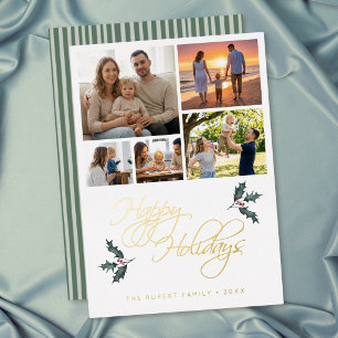 Elegant Modern Holly Photo Collage Happy Holidays
