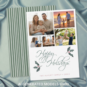 Elegant Modern Holly Photo Collage Happy Holidays Holiday Card