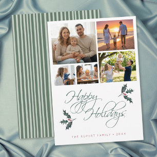 Elegant Modern Holly Photo Collage Happy Holidays Holiday Card