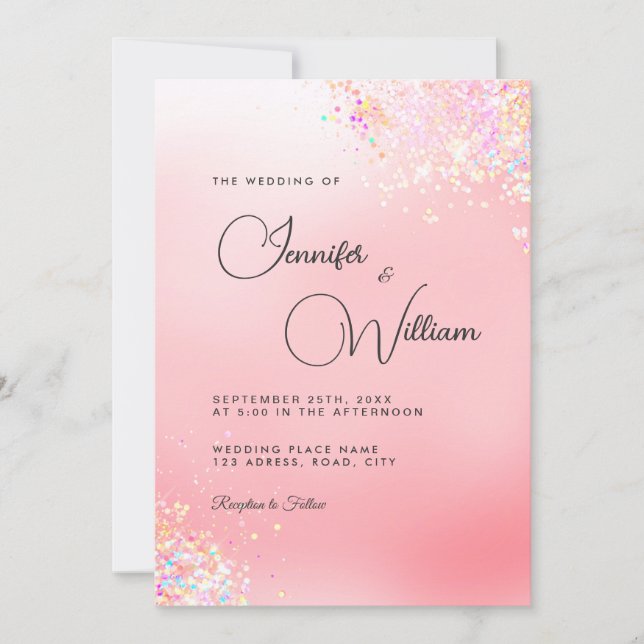 Elegant Modern Holographic Glitter Pink Wedding Invitation (Front)