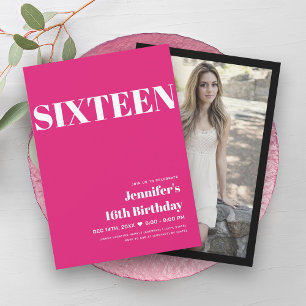 ELEGANT Modern Hot Pink Sweet 16 Typography  Invitation