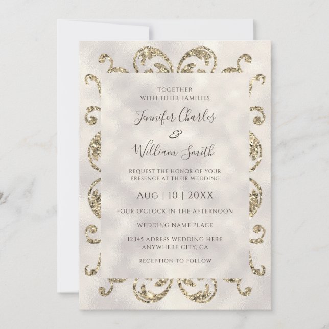 Elegant Modern Ivory Texture Gold Glitter Frame Invitation (Front)