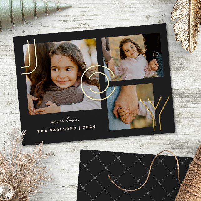 Elegant Modern Joy Collage Foil Photo Holiday Card (Creator Uploaded)