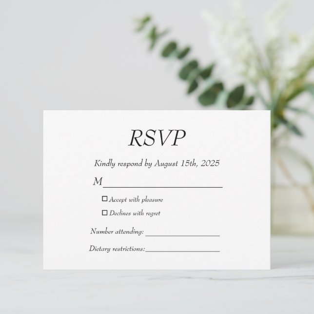 Elegant Modern Kindly Reply Black and White Formal RSVP Card (Standing Front)