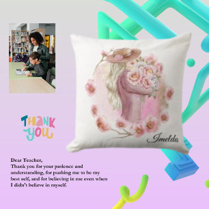 Elegant Modern  Lady With Pink Flowers Cushion