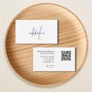 Elegant Modern Lavender Script Monogram QR Code Business Card