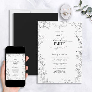Elegant Modern Leaf Black & White 60th Birthday Invitation