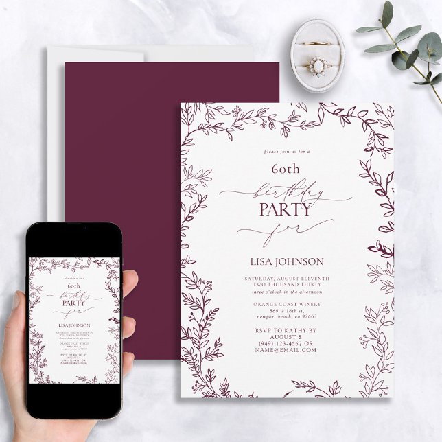 Elegant Modern Leaf Burgundy 60th Birthday Invitation (Creator Uploaded)