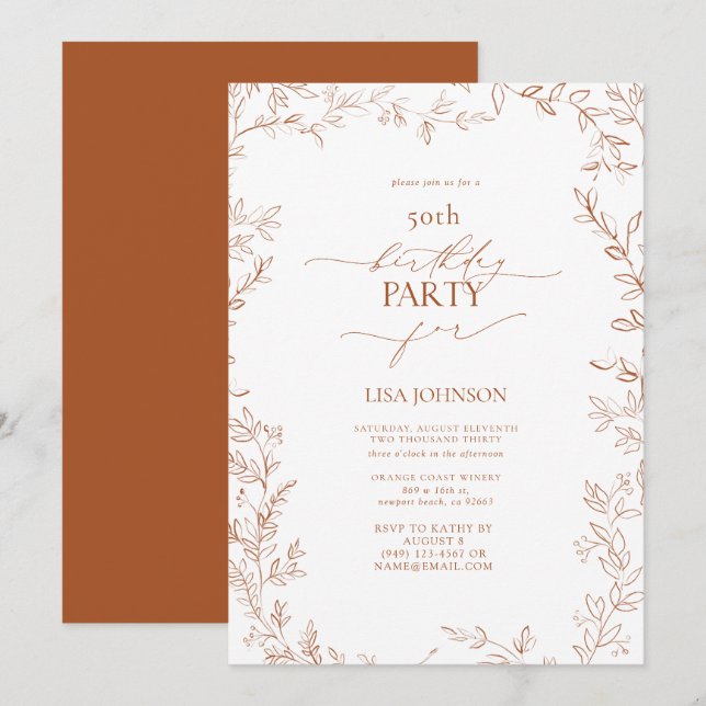 Elegant Modern Leaf Burnt Orange 50th Birthday Invitation (Front/Back)
