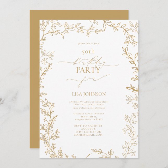 Elegant Modern Leaf Gold 50th Birthday Invitation (Front/Back)