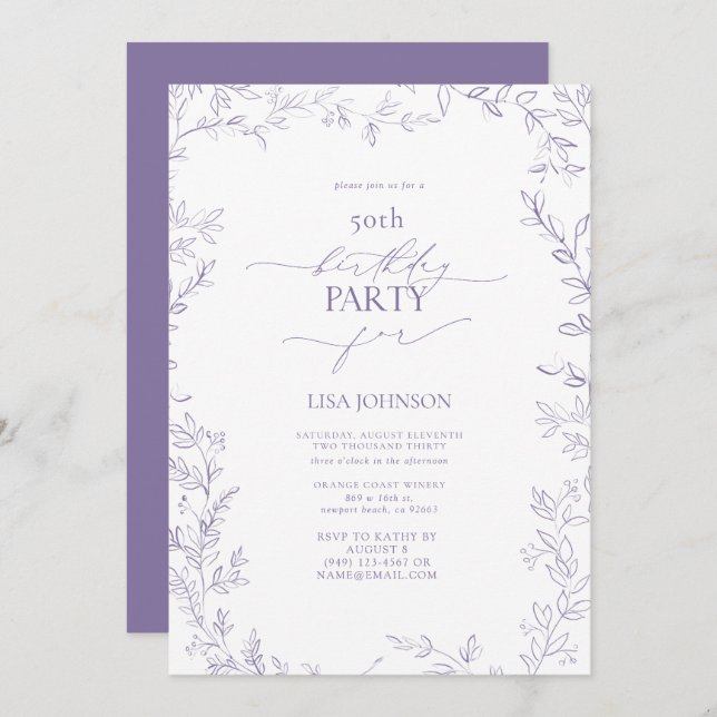 Elegant Modern Leaf Lavender 50th Birthday Invitation (Front/Back)