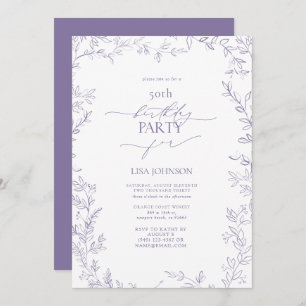 Elegant Modern Leaf Lavender 50th Birthday Invitation