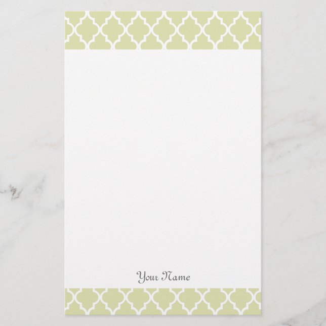 Elegant, modern light lime green quatrefoil custom stationery (Front)