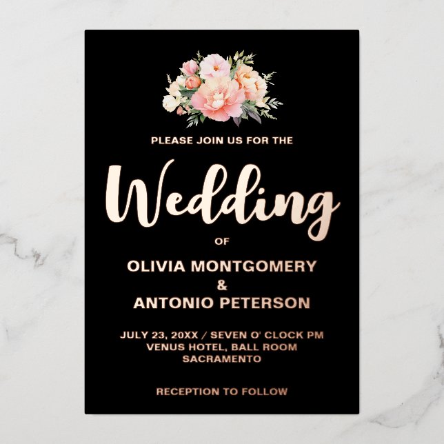 Elegant Modern Light Pink Peony Black Wedding Foil (Front)