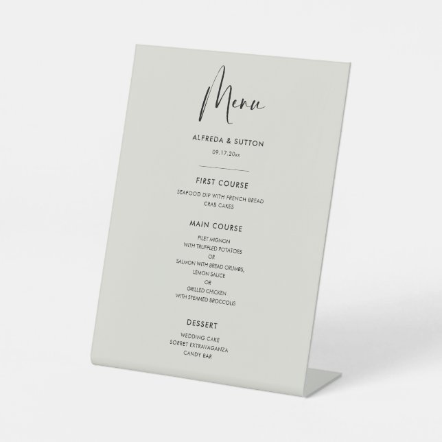 Elegant & modern Light Sage green wedding menu Pedestal Sign (Front)
