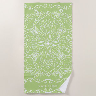 Elegant Modern Lime Green Custom Name Mandala Beach Towel