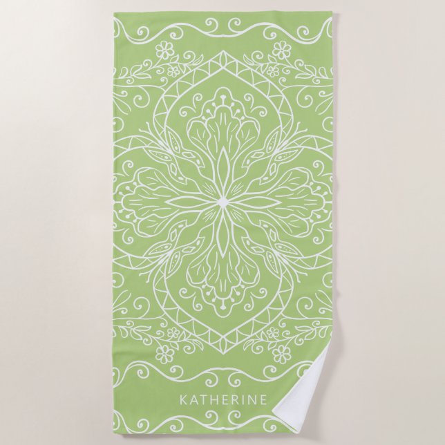 Elegant Modern Lime Green Custom Name Mandala Beach Towel (Front)