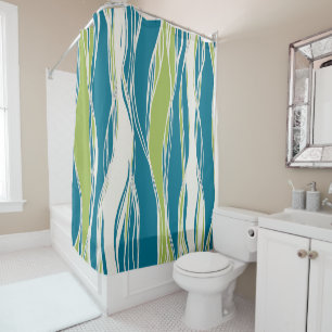 Elegant, modern, lines, pastel teal, green, white shower curtain