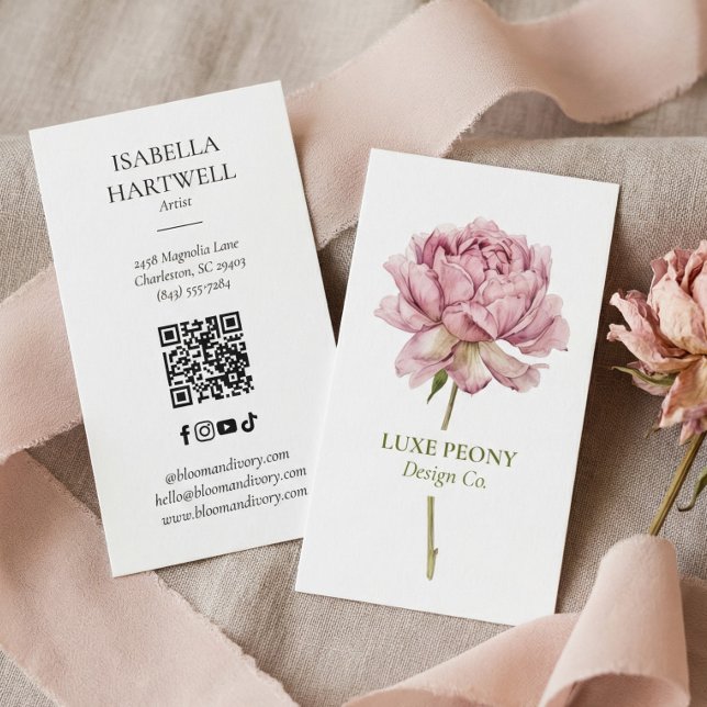 Elegant Modern Luxury Peony Watercolor Floral Business Card (Elegant Modern Luxury Peony Watercolor Floral Business Card)
