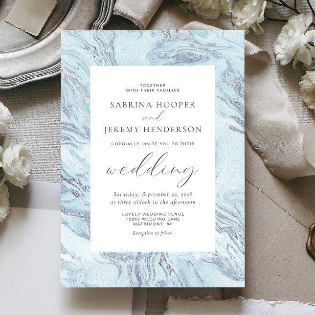 Elegant Modern Marble Blue Silver Wedding Invitation (Creator Uploaded)