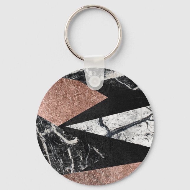 Elegant Modern Marble, Rose Gold, & Black Triangle Key Ring (Front)
