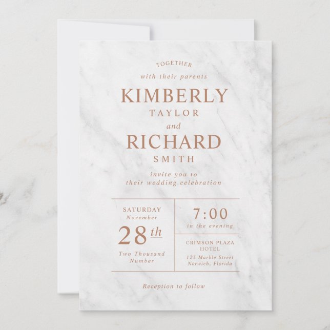 Elegant Modern Marble Rose Gold Wedding Invitation (Front)