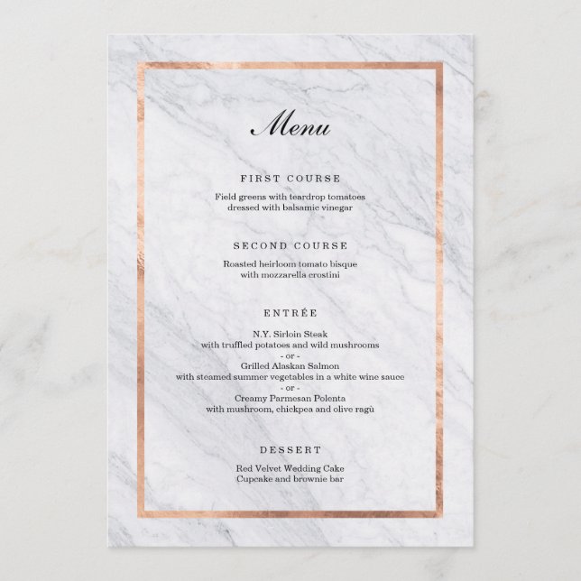 Elegant Modern Marble & Rose Gold Wedding Menu (Front)