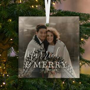 Elegant Modern Married and Merry Photo Glass Tree Decoration