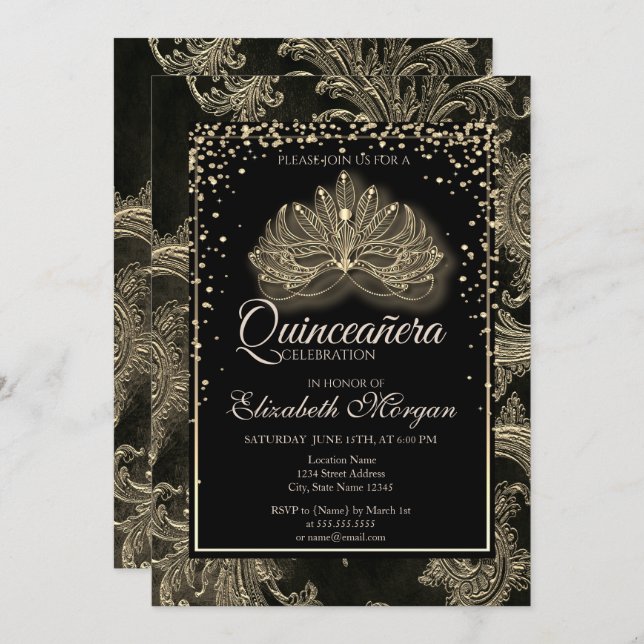 Elegant Modern Masque Floral Damask Quinceanera Invitation (Front/Back)