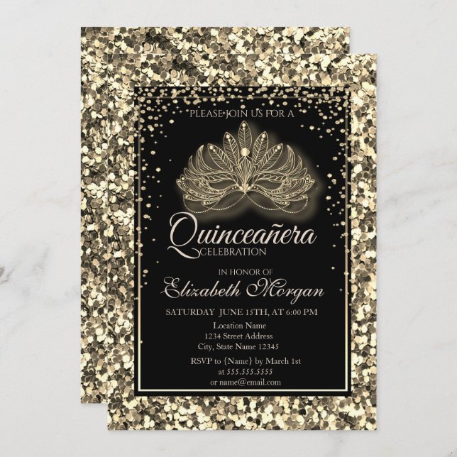 Elegant Modern Masque Gold Sequins Quinceanera Invitation (Front/Back)