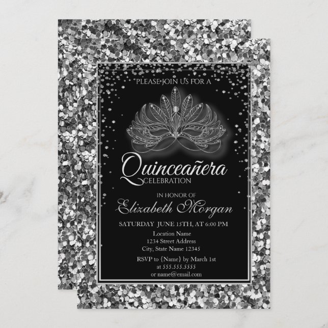 Elegant Modern Masque Silver Sequins Quinceanera Invitation (Front/Back)