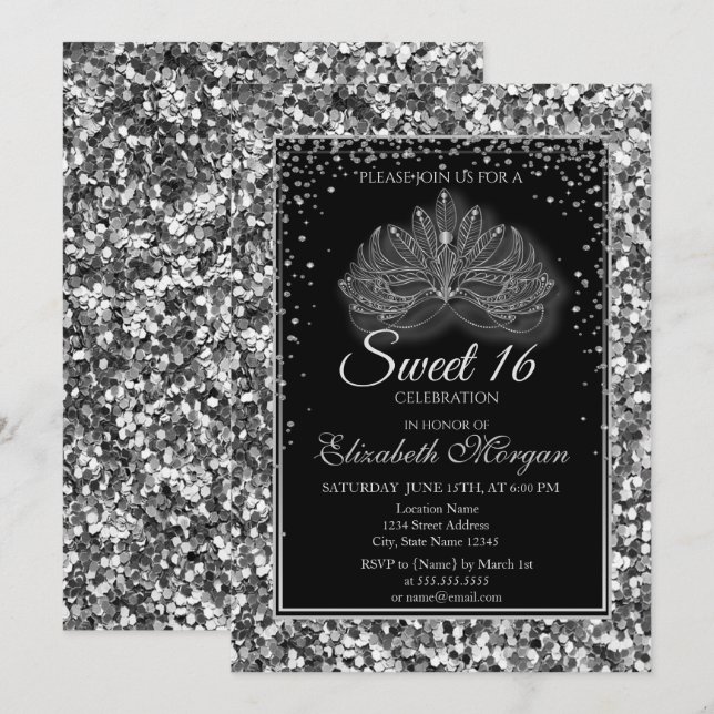 Elegant Modern Masque Silver Sequins Sweet 16 Invitation (Front/Back)