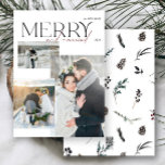 Elegant Modern Merry and Married Newlyweds 3 Photo Holiday Card<br><div class="desc">Capture your first holiday season as newlyweds with this Simple Merry and Married newlyweds Photo Holiday Card. Featuring a beautiful wintery design with elegant typography, this card allows you to share your joy and love with family and friends. The modern, minimalist front showcases three of your favourite wedding or engagement...</div>