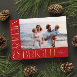 Elegant Modern Merry & Bright 1 Photo Red Gold<br><div class="desc">This festive holiday photo card features one horizontal photo,  elegant yet simple typography,  and a beautiful deep red background. The raised foil greeting on the front says "Merry & Bright".  You can also add another photo and/or additional text to the back!</div>
