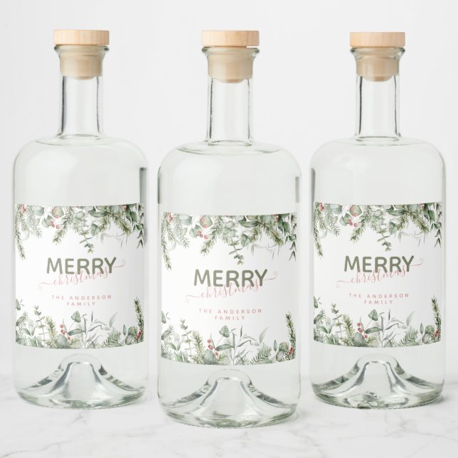 Elegant Modern Merry Christmas Family Name Wine Liquor Bottle Label (Bottles)