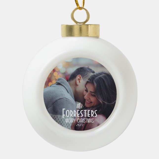 Elegant Modern Minimal Christmas Couple Photo Ceramic Ball Christmas Ornament (Front)