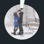 Elegant Modern Minimal Christmas Couple Photo Ornament<br><div class="desc">A stylish modern photo holiday ornament with your last name over your full size photograph. Your special photo will look gorgeous in this unique, modern and minimal design. An elegant, minimal design to stand out from the crowd this holiday season! Photo template via Pixabay licensed under CC0 and must be...</div>