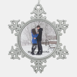Elegant Modern Minimal Christmas Couple Photo Snowflake Pewter Christmas Ornament