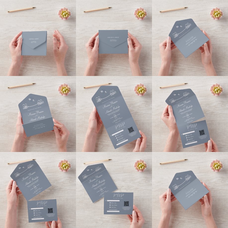 Elegant Modern Minimal Dusty Blue Islamic Nikah All In One Invitation