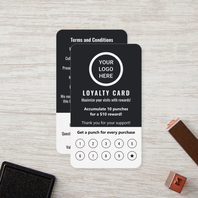 Elegant Modern Minimal Logo Black & White Customer Loyalty Card (Front/Back In Situ)