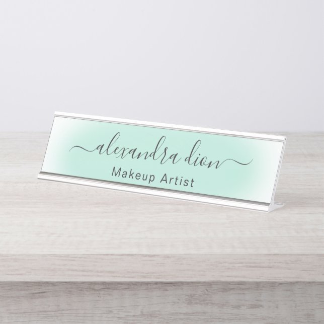 Elegant modern minimal pastel mint green desk name plate (Front)