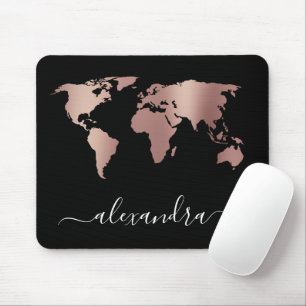 Elegant modern minimal rose gold black world map mouse pad