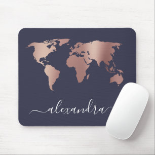 Elegant modern minimal rose gold blue world map mouse pad