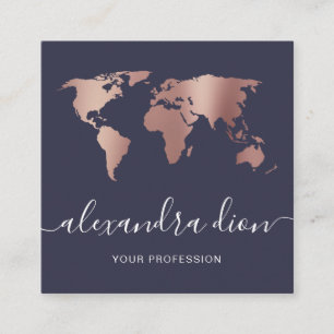 Elegant modern minimal rose gold blue world map square business card