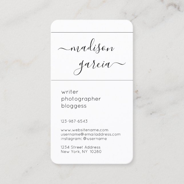 Elegant Modern Minimal Script Calligraphy Vertical Business Card (Front)