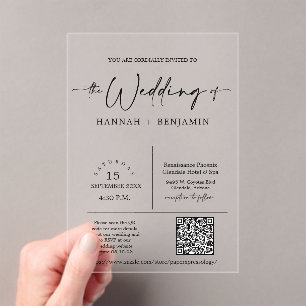 Elegant Modern Minimal Script Wedding Arch QR Code Acrylic Invitations