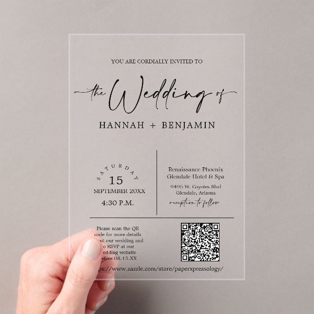 Elegant Modern Minimal Script Wedding Arch QR Code Acrylic Invitations (Insitu (Handheld))