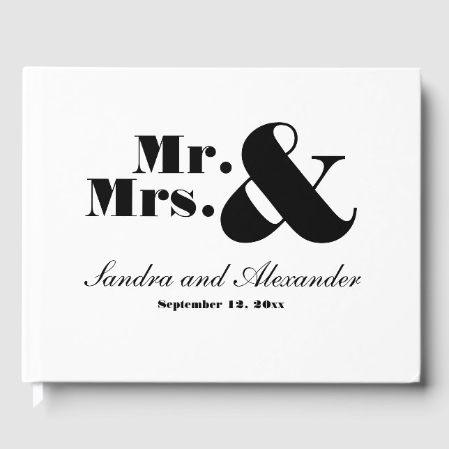  Elegant Modern Minimal White Black Mr Mrs Wedding Guest Book (Front)