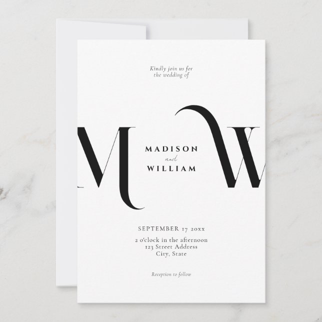 Elegant Modern Minimalist Black and White Wedding Invitation (Front)